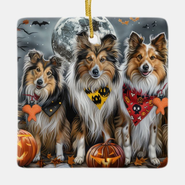 Ornement En Céramique Shetland Sheepdog Halloween Éffrayant (Devant)