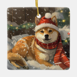 Ornement En Céramique Shiba Inu Chien Festive de Noël