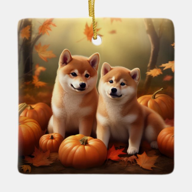 Ornement En Céramique Shiba Inu Chiot Automne Citrouille de plaisir (Devant)