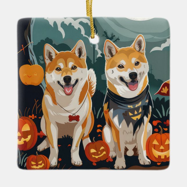 Ornement En Céramique Shiba Inu Halloween Éffrayant (Devant)