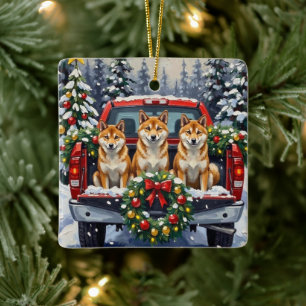 Ornement En Céramique Shiba Inu Noël Camion Rouge Fêtes