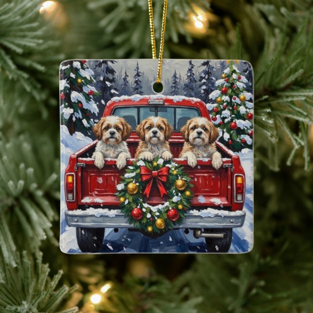 Ornement En Céramique Shih Tzu Christmas Red Truck Holiday (Arbre)