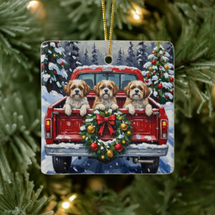 Ornement En Céramique Shih Tzu Noël Camion Rouge Fêtes