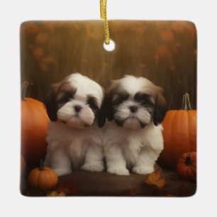 Ornement En Céramique Shih Tzu Puppy Automne Citrouille de plaisir