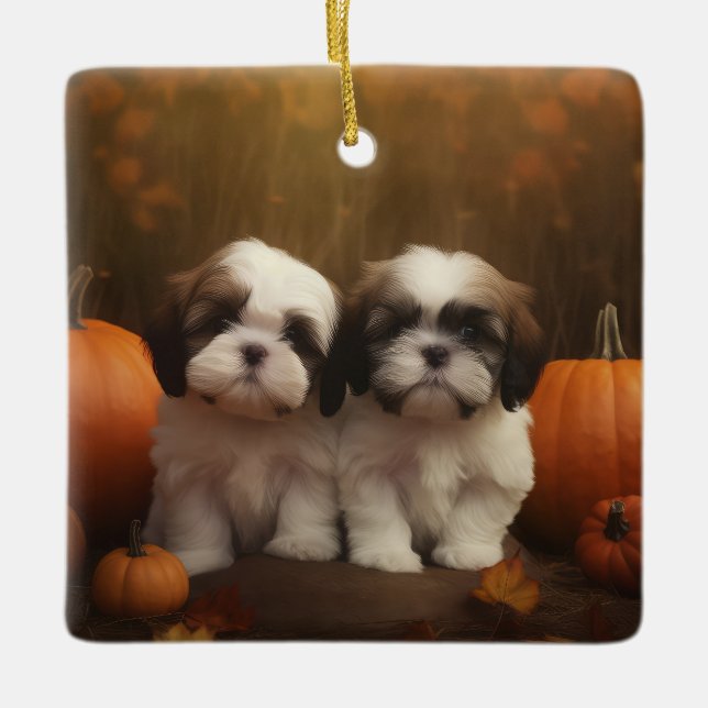Ornement En Céramique Shih Tzu Puppy Automne Citrouille de plaisir (Devant)