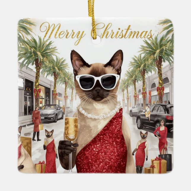 Ornement En Céramique Siamese Cat Christmas Greeting from California (Devant)