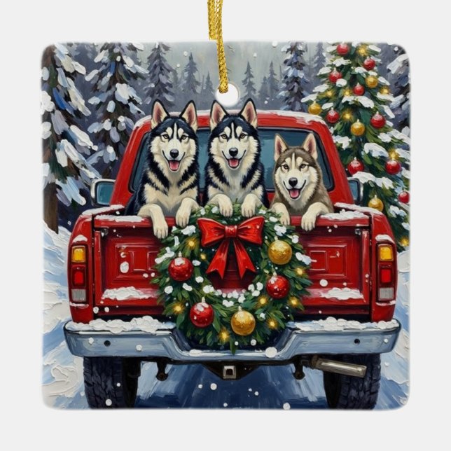 Ornement En Céramique Siberian Husky Christmas Red Truck Holiday (Devant)