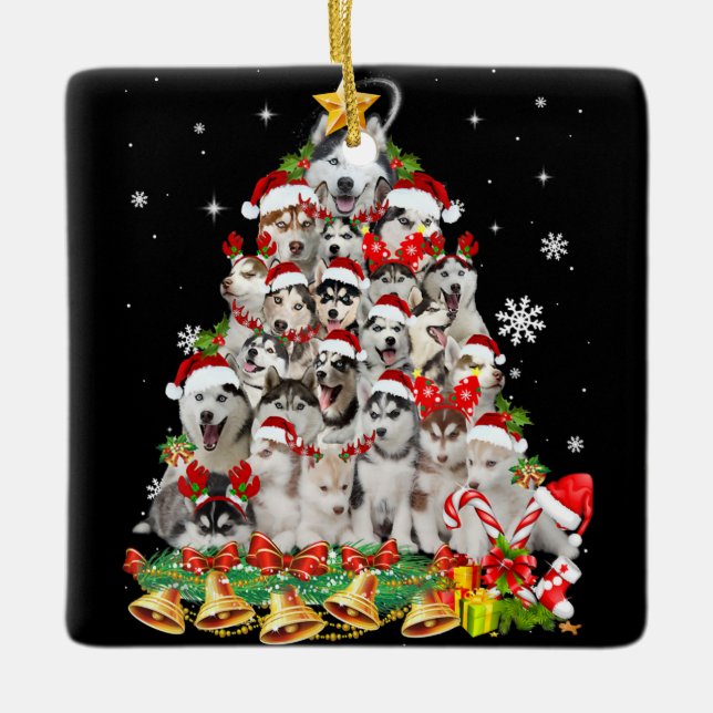 Ornement En Céramique Siberian husky christmas tree lights dog (Devant)