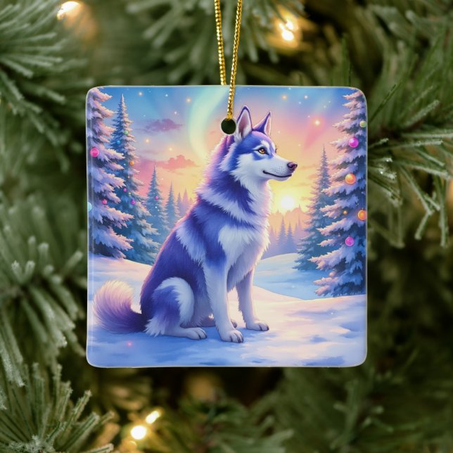 Ornement En Céramique Siberian Husky Northern Lights Christmas Winter (Arbre)