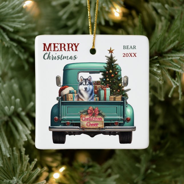 Ornement En Céramique Sibérie Husky Chien Retro Camion Noël (Arbre)