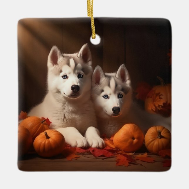 Ornement En Céramique Sibérie Husky Puppy Citrouille d'automne (Devant)