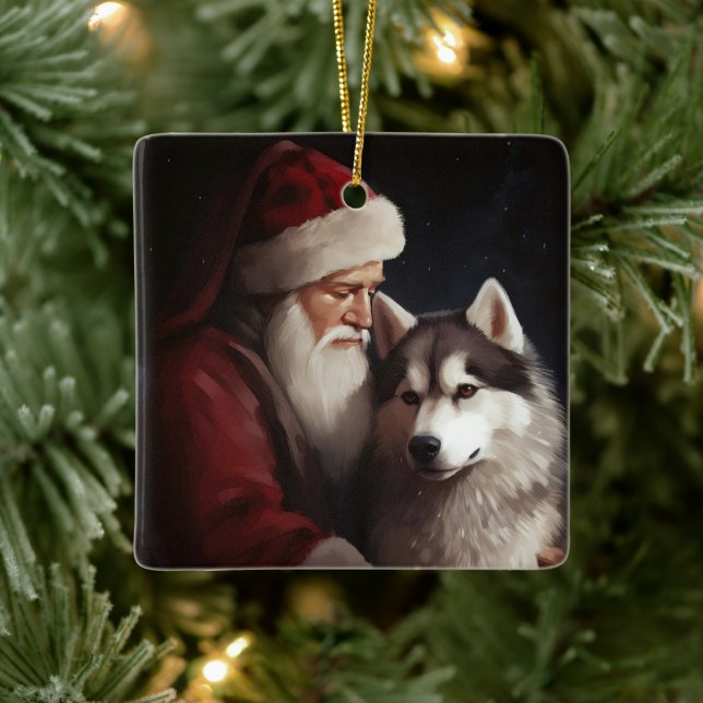 Ornement En Céramique Sibérien Husky avec Noël Festif du Père Noël (Arbre)