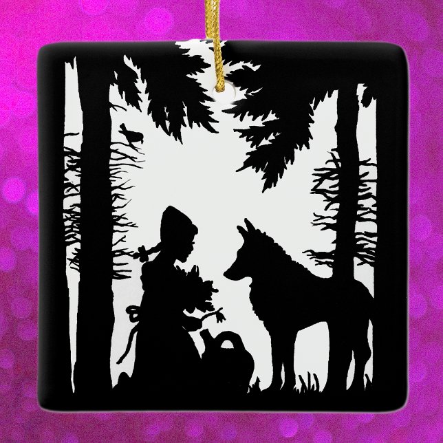 Ornement En Céramique Silhouette Noire Petit Chaperon Rouge Wolf Woods (Black and white Red riding hood kneeling under trees with wolf flowers on hanging ornament.)