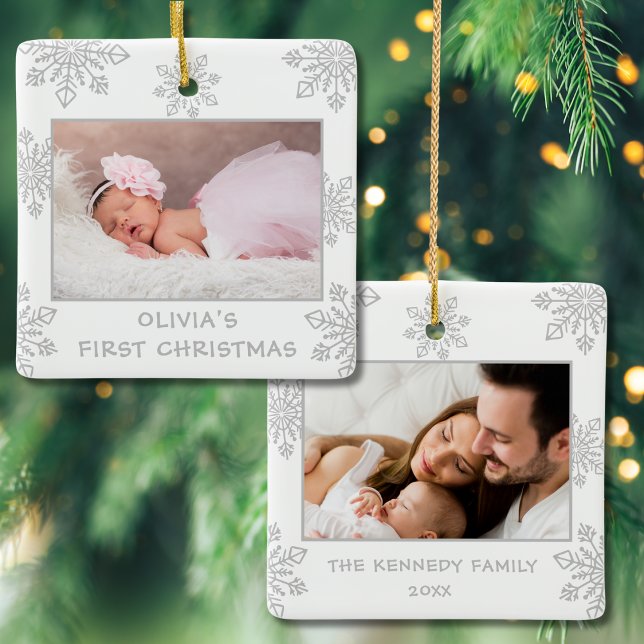 Ornement En Céramique Silver Snowflakes 2 Photo Baby's First Christmas (Créateur téléchargé)
