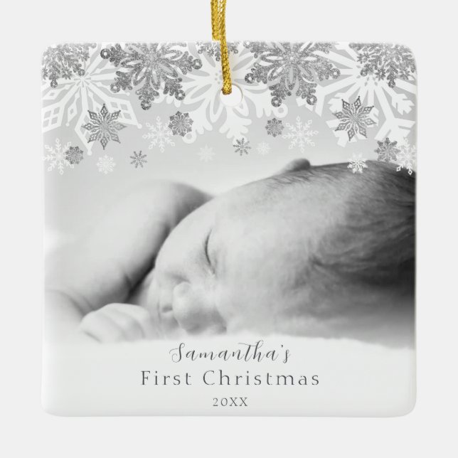 Ornement En Céramique Silver Winter Snowflakes Personnalisé Baby (Devant)