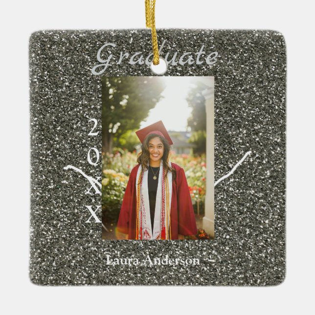 Ornement En Céramique Silverglitter photo graduation ajouter nom classe  (Devant)