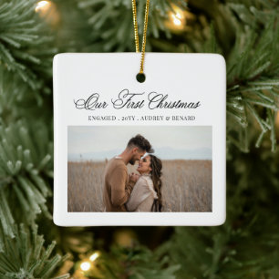 Ornement En Céramique Simple Premier Noël Fiancés Écriture Couple Photo