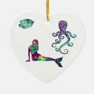 Ornement En Céramique Sirène et poulpe, plage, océan, sirènes