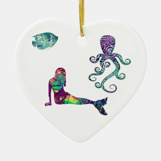 Ornement En Céramique Sirène et poulpe, plage, océan, sirènes (Devant)