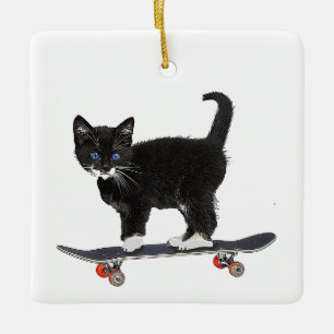 Ornement En Céramique Skateboard Cat