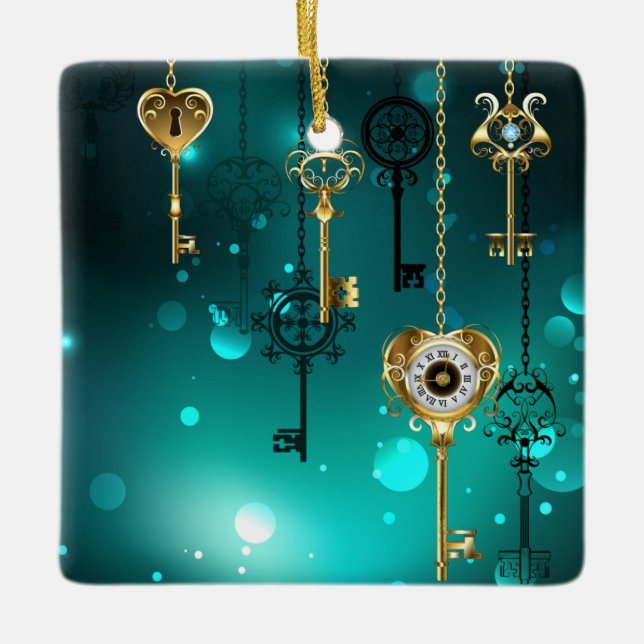 Ornement En Céramique Skeleton Keys on Green Background (Devant)