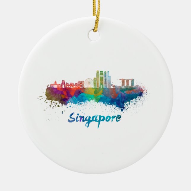 Ornement En Céramique Skyline Singapour V2 en aquarelle (Devant)