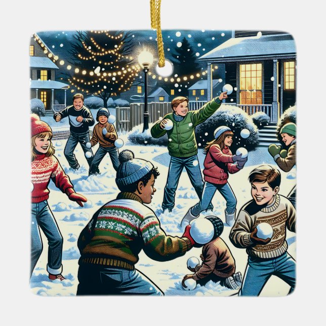 Ornement En Céramique Snowball combat Noël personnalisé (Devant)