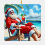 Ornement En Céramique Snowbird Père Noël Savourez un cocktail sur la pla<br><div class="desc">Ornement de Noël personnalisé. Une illustration d'aquarelle de Père Noël assis sur la plage buvant un cocktail. Les gens qui sont considérés comme des oiseaux de neige qui se rendent en Floride ou dans d'autres régions tropicales pour profiter du temps chaud pendant les vacances.</div>