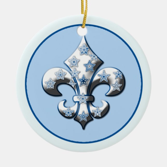 Ornement En Céramique Snowflake Fleur de Lis Ornament bleu et blanc (Devant)