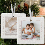 Ornement En Céramique Snowflake Photo Frame Baby Birth Stats Naturel<br><div class="desc">Bébé natation stats ornement photo avec délicats flocons de neige blancs sur un arrière - plan naturel doux. Le modèle photo est prêt pour vous à ajouter votre photo bébé, encadrée avec vos statistiques de naissance. Vous pouvez ajouter la même photo ou une autre image au dos, qui sont toutes...</div>