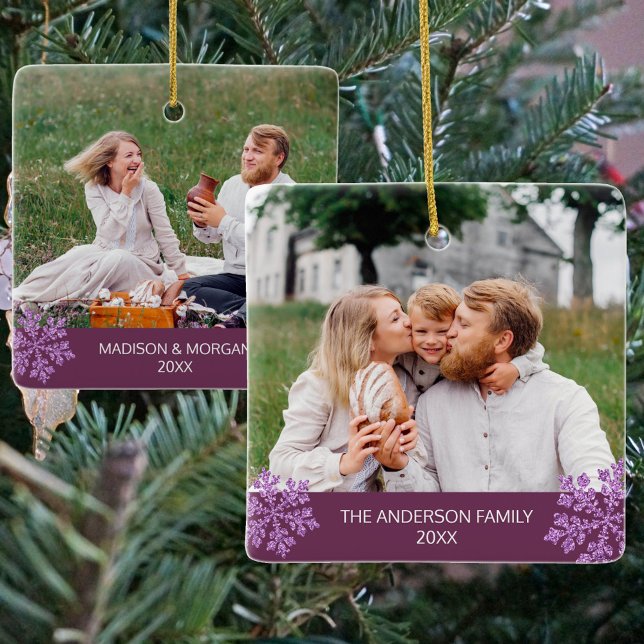 Ornement En Céramique Snowflake Plum Bling tendance 2 Photo Noël (Personalized 2 photo ceramic Christmas ornaments in dark purple with purple faux glitter snowflakes)