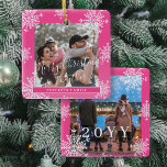 Ornement En Céramique Snowflakes 2 photo de famille personnalisée rose b<br><div class="desc">Rustique élégant hiver rose chaud et blanc plaid famille gardien modèle de l'ornement d'arbre avec cadre de flocons de neige scintillant.                              Facile à personnaliser avec vos 2 photos,  script texte,  nom de famille et année !</div>