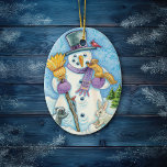 Ornement En Céramique Snowman and Friends Retro Christmas<br><div class="desc">This happy snowmen has several friends who have come to visit,  including a red cardinal bird,  a squirrel,  a bunny rabbit,  and even a skunk! A little bird perches on his broom. A pretty swirled sky background completes the unique retro holiday image on this Christmas ornament. Cute!</div>