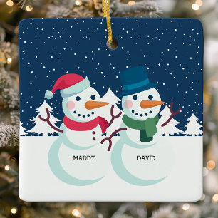 Ornement En Céramique Snowman Couple mignon Noël personnalisé