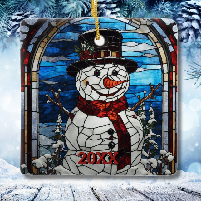 Ornement En Céramique Snowman en verre tendu style Noël (Snowman Stained Glass Style Christmas Ceramic Ornament
)