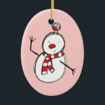Ornement en céramique Snowman et Oiseau<br><div class="desc">Un mignon bonhomme de neige avec un oiseau perché sur la tête et un foulard rayé rouge et blanc. Cet ornement adorable est parfait comme un cadeau pour les amis et la famille,  ou acheter un pour vous-même.</div>