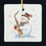 Ornement En Céramique Snowman Jouer au saxophone<br><div class="desc">Un design avec un bonhomme de neige jouant au saxophone</div>