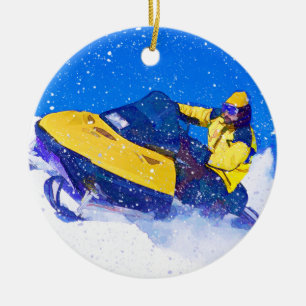 Ornement En Céramique Snowmobile jaune dans la tempête de neige