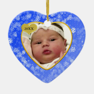 Ornement En Céramique Snowy Babys First Christmas Photo Heart