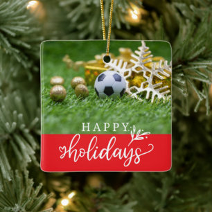 Ornement En Céramique Soccer Joyeuses vacances avec balle sur herbe vert
