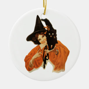 Ornement En Céramique Sorcière Vintage Belle avec Chat Noir sur l'Épaule
