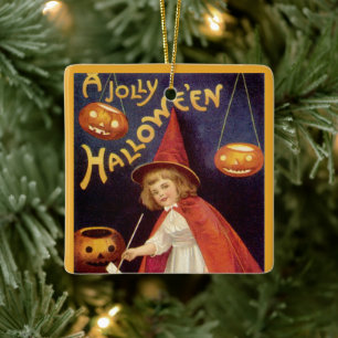Ornement En Céramique Sorcière vintage joyeuse d'Halloween par Ellen Cla