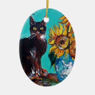 ORNEMENT EN CÉRAMIQUE SOUCHES AVEC CHAT NOIR EN TURQUOISE BLEUE