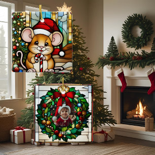 Ornement En Céramique Souris de Noël Faux Vitrages