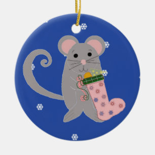 Ornement En Céramique Souris de Noël rose