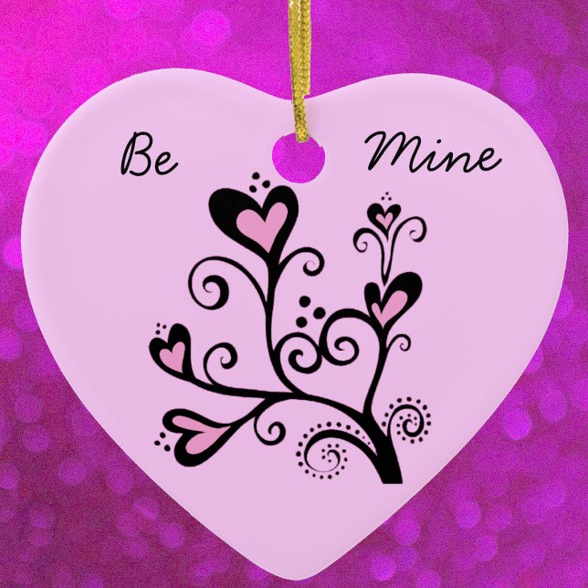 Ornement En Céramique Soyez le mien Valentine Pink Heart Tree (Black branch with pink heart shaped flowers and swirls on Be mine pink heart shaped ornament.)
