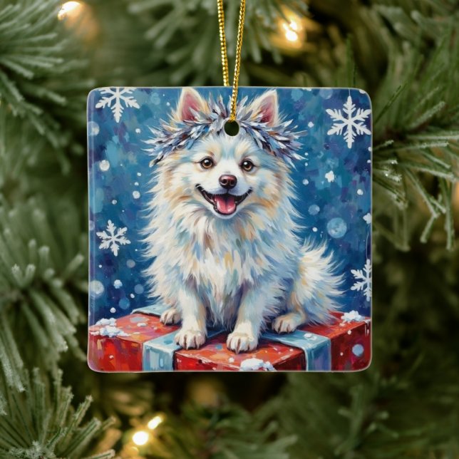 Ornement En Céramique Sparkling American Eskimo Dog Festive Gift Cushion (Arbre)