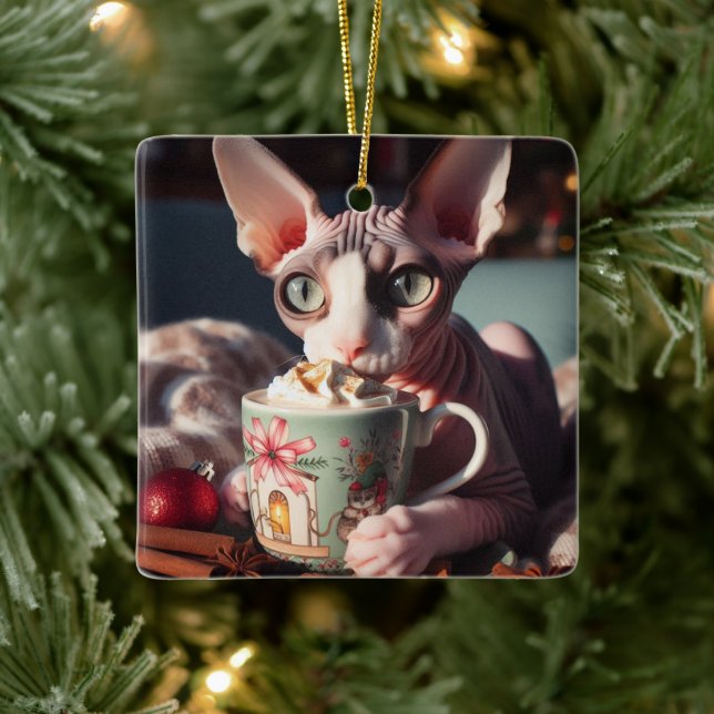 Ornement En Céramique Sphynx Hot Cocoa Cat Christmas (Arbre)
