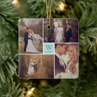 Ornement En Céramique Square Monogram Simple Photo Collage Holiday
