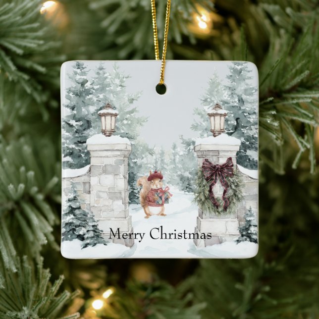 Ornement En Céramique Squirrel Red Coat Snow Christmas (Arbre)